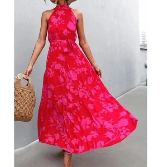 red pink floral print belted halter maxi dress - Boho - Picture 1 of 11